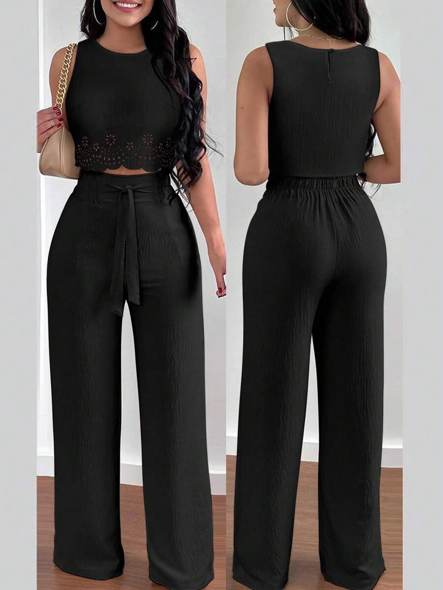 INAWLY Set de 2 piezas elegante de vacaciones - Camiseta de cuello redondo + Pantalones con cordón calado, informal para mujer - Negro - Ver 1