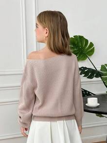 SHEIN Tween Girls Solid Color Asymmetrical Neckline Long Sleeve Sweater,Suitable For Autumn Winter,Back To School Cute Girl Clothes Off Shoulder - Dusty Pink - View 2