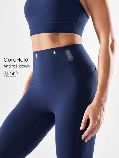 GLOWMODE 24'' CoreHold FeatherFit™-Sculpt CoreHold No Slip Fit Boning Tummy Control No Front Seam Leggings With Side Pockets Medium Impact Workout Jogging Gym Training  Spring Summer