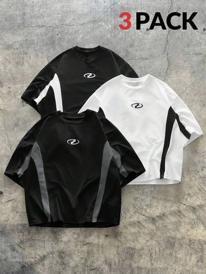 AXEPEAK 3pcs/Set Men's Crew Neck Short Sleeve Contrast Color Print T-Shirts