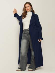 Auralis 大码时尚纯色腰带风衣 - 藏蓝色 - 查看 5