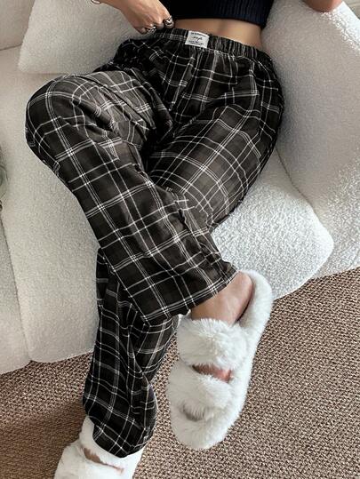 SHEIN Pantalones de dormir rectos de cintura elástica con estampado de cuadros para mujer, otoño e invierno