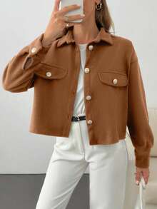 EURMUSE Solid Color, Gold Button Details, Coat - Camel - View 1