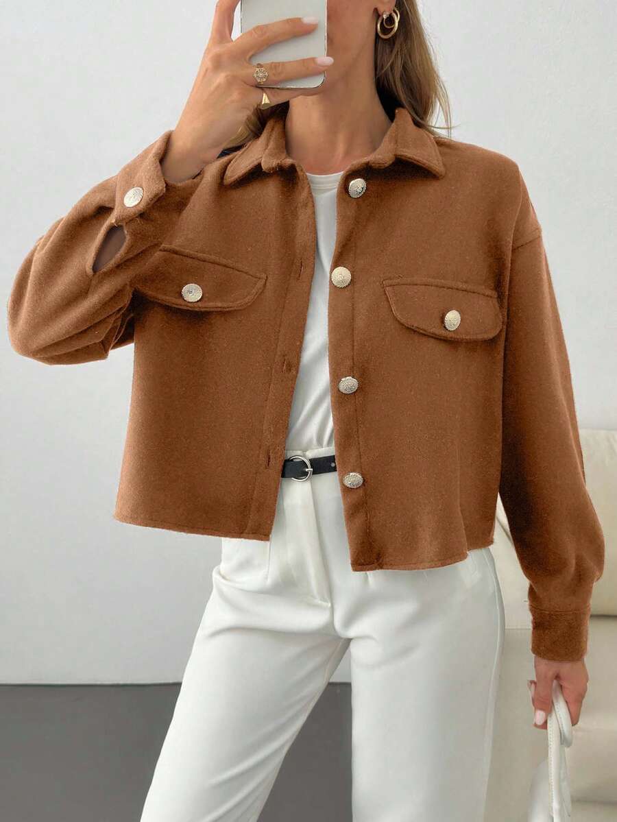 EURMUSE Solid Color, Gold Button Details, Coat - Camel - View 1