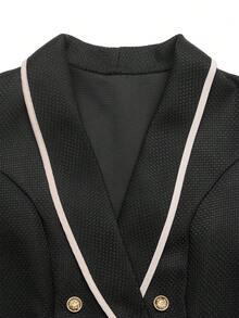 GlowEve Women's Fashionable Elegant Contrast Trim Double-Breasted Jacket & Pants 2 Pieces Set - Black - View 7