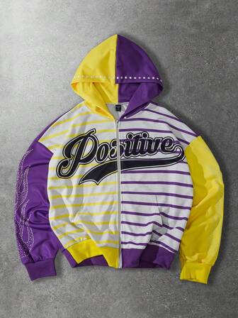 Prep Men's Contrast Color Striped Zipper Drop Shoulder Long Sleeve Casual Hooded Sweatshirt