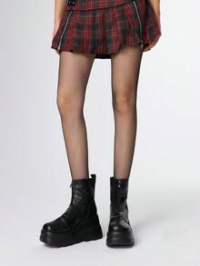 ROMWE Grunge Punk Giày bốt đế xuồng dày dặn màu tối bằng da PU, chống thấm nước, kiểu dáng thường ngày, chất liệu da, khóa kéo phía trước, co giãn, dành cho nữ, sản xuất năm 2025. - màu đen - Xem 2