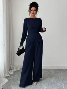 SHEIN Raffinéa 2pcs Women Solid Color Fold Hem Asymmetrical Hem Long Sleeve Set - Navy Blue - View 6