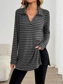 SHEIN LUNE Women's Casual Striped V-Neck Long Sleeve T-Shirt Women Long Sleeve Tops Going Out Top - Multicolor - View 3