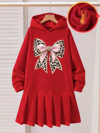 Sparklyn 女童休闲时尚可爱豹纹蝴蝶结装饰圆领长袖褶皱连衣裙，秋冬款