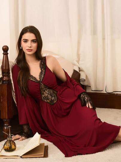 Moireta Elegante Romantic Contrast Kanten Patchwork Long Nightgown Loose Tie Waist Robe Sleepwear Set Verleidelijke 2piece Nightgown, Fall Clothes view 3