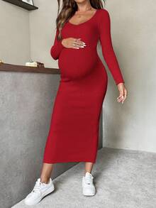 SHEIN Pregnant Women's Solid Color Knitted Ribbed V-Neck Sweater Dress - Red - View 7