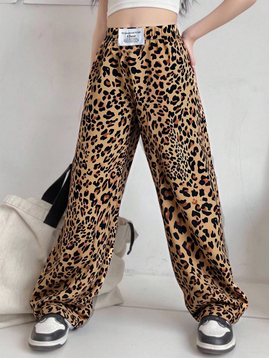 SHEIN Sparklyn Quần ống đứng thoải mái, rộng rãi, họa tiết da báo đơn giản cho bé gái và bé gái, thích hợp cho các buổi đi chơi hàng ngày, có thể kết hợp với nhiều loại áo phông và áo nỉ bó sát - Nhiều màu - Xem 1