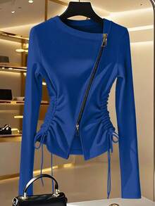 Franclia Fashionable Women's Royal Blue Square Neck Long Sleeve T-Shirt With Zipper And Ruched Sides - Royal Blue - View 3