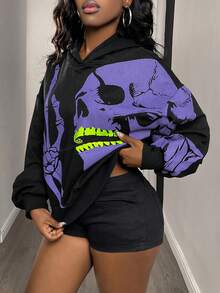 DAZY 女士全印花宽松卫衣 Y2k - 黑色 - 查看 1