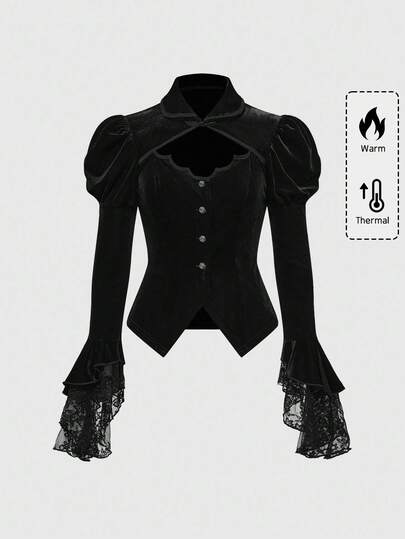 Goth Gothic Victorian Style Halloween, Bat Collar Cross Pendant, Flare Sleeve Velvet Lace Jacket
