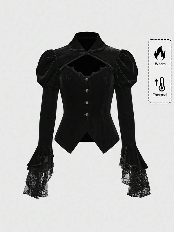 ROMWE Goth Gothic Victorian Style Halloween, Bat Collar Cross Pendant, Flare Sleeve Velvet Lace Jacket