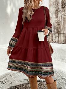 EMERY ROSE Casual Geometric Print Bohemian Style Loose Fit Round Neck Plus Size Dress, Suitable For Autumn/Winter New Year Party - Multicolor - View 4