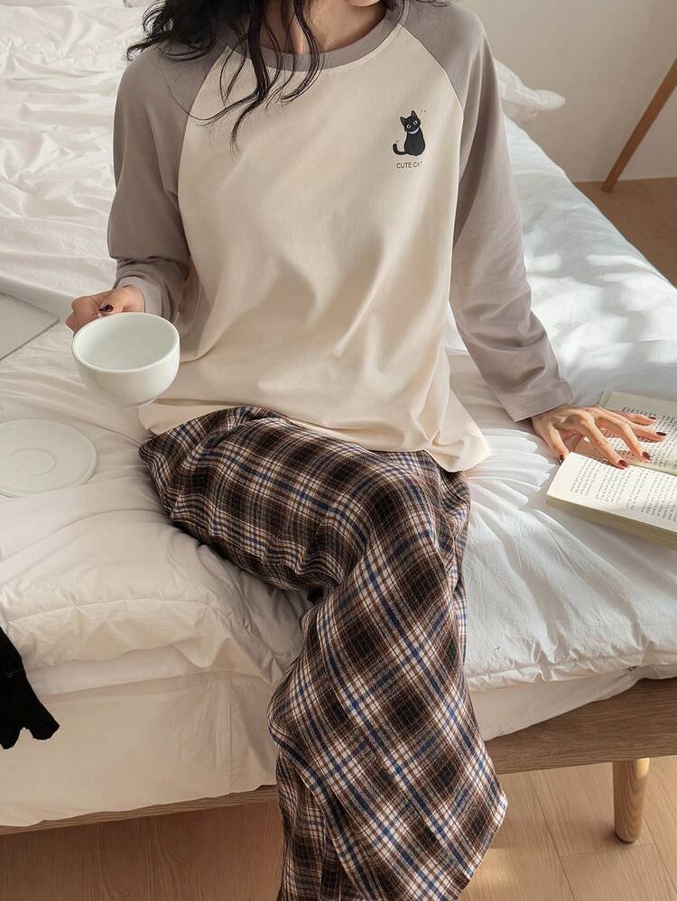 Cat Print Contrast Raglan Sleeve Loose Top & Plaid Pants Women Sleepwear Lounge Set, Fall & Winter Clothes