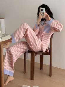 DAZY Striped Contrast Color Patchwork Loose Women Pajama Set, Winter Clothes - Pink - View 5