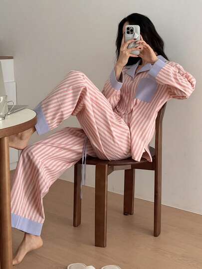 DAZY Gestreepte Contrast Patchwork Loose Women Pajama Set view 5