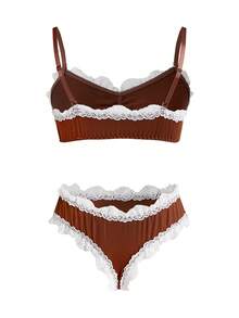 SHEIN 2pcs Ruffle Lace Pearl Full-Cup Bust Ruched Casual Comfortable Cute EasyComfort Chic Autumn Women Lingerie Set - Brown - View 6