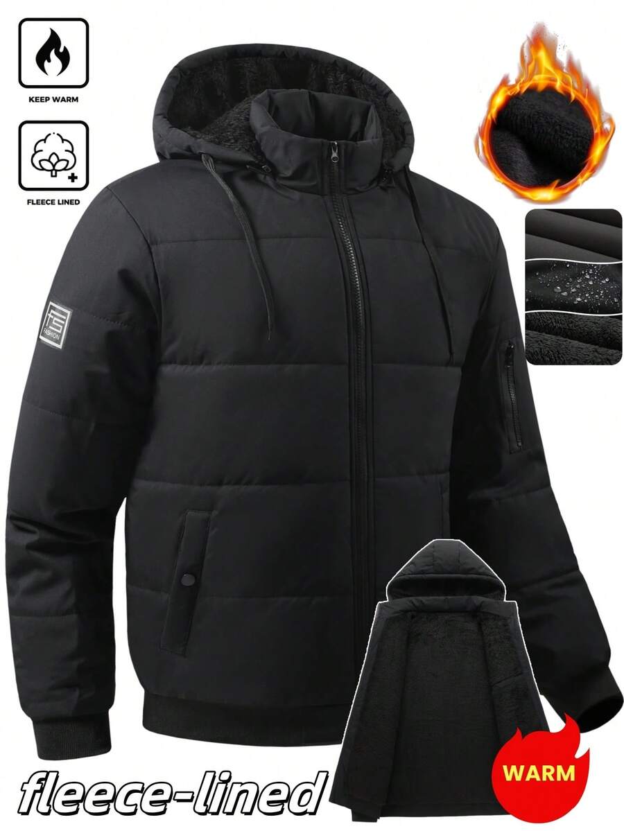 Manfinity Homme Manteau matelassé à capuche zippé pour homme grande taille, chaud pour l'hiver, doublure thermique - Noir - Voir 1