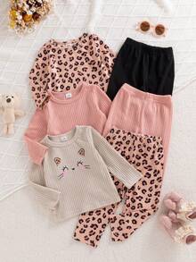 SHEIN Playful Pals 6pcs Infant Girl Spring & Autumn Casual, Simple, Cute, Sweet Brown Leopard Print Top, Pink/Apricot Top Paired With Matching Pants, 3 Sets Combination Outfit Suitable For School & Daily Wear