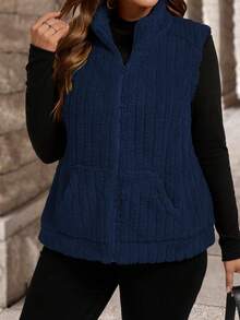 Áo khoác cardigan không tay cổ đứng có khóa kéo cỡ lớn dành cho nữ, phù hợp mặc vào mùa thu/đông cho năm mới - Màu xanh hải quân - Xem 4