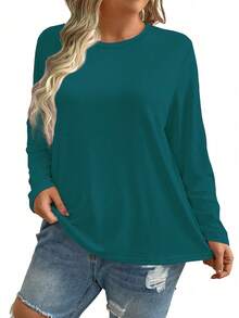 Plus Size Women Christmas Casual Loose Fit Round Neck Long Sleeve T-Shirt - Dark Green - View 4