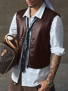 AXEPEAK Fashionable Versatile Men's PU Leather Vest - Dusty Purple - View 6