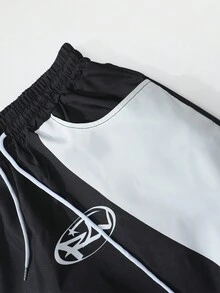 ROMWE MEN Pantalones deportivos casuales de hombre con diseño de parches de color contrastante y bajo curvo - Negro - Ver 8