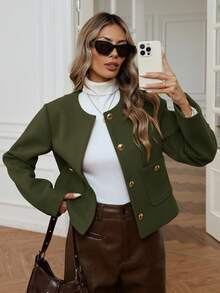Aveloria Modichic Minimalist Elegant Metal Decor Button Loose Pocket Short Round Neck Jacket, Commuter Style - Army Green - View 3