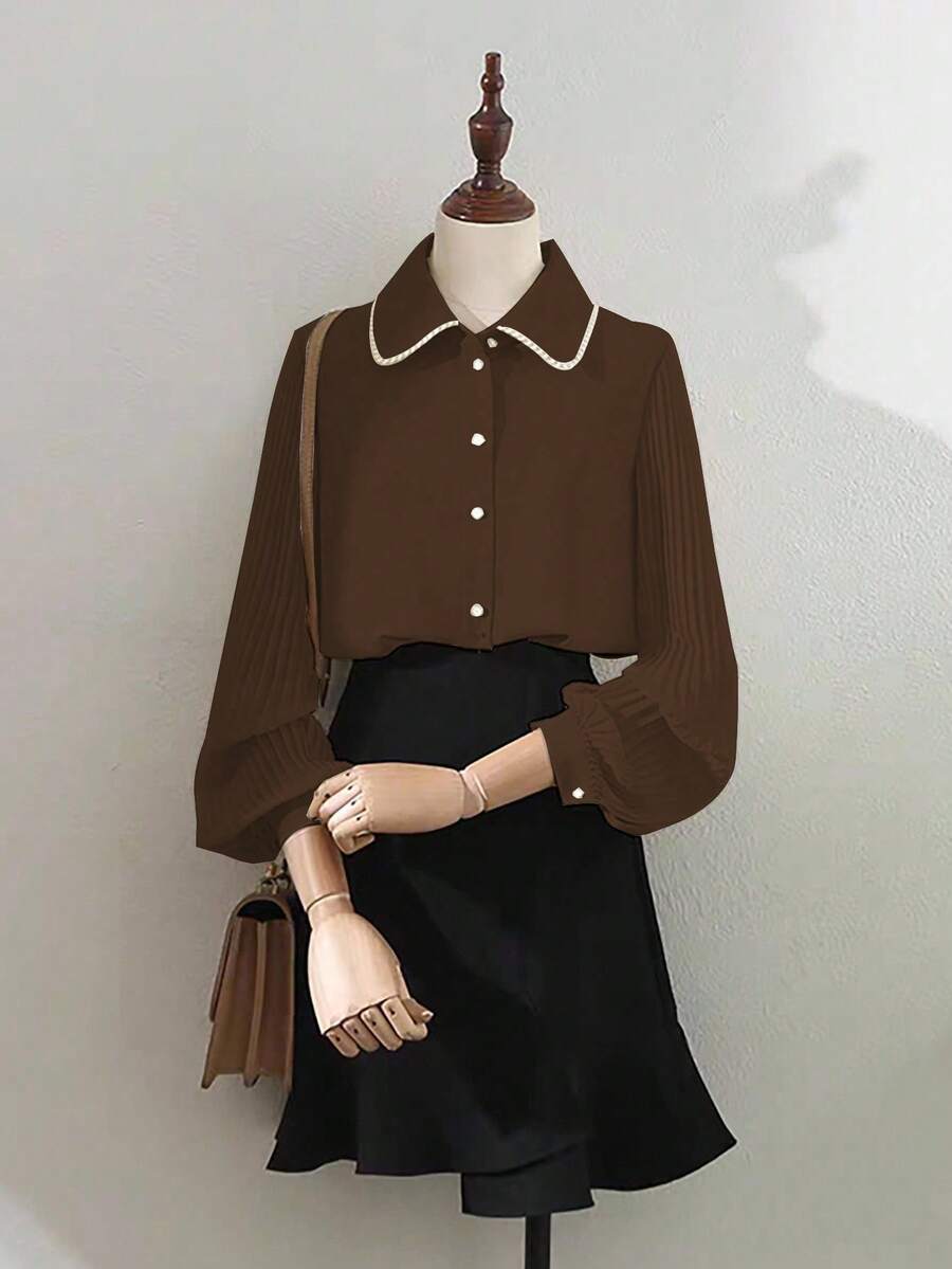 Franclia 优雅修身翻领褶裥前襟纽扣长袖卡其色女式衬衫，春秋季 - 棕色 - 查看 1