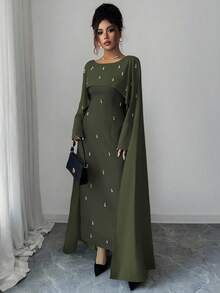 Elenzga 女士优雅长款绿色军装连衣裙，新年礼服，感恩节服装，优雅派对礼服，长款派对礼服，婚礼宾客礼服，时尚婚礼晚礼服，闪亮连衣裙 - 軍綠色 - 查看 4