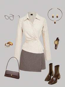 SHEIN MOD 女士复古格子翻领长袖商务衬衫，适合商务休闲场合，90年代风格，秋季百搭，适合工作、办公室、学院风等各种场合。 - 卡其色 - 查看 3