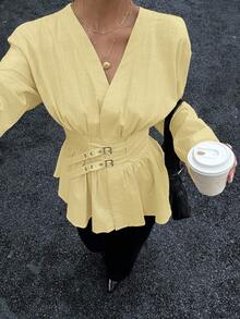 Siren Gaze 双排扣双收腰收腰长袖衬衫，柔软亲肤，适合工作或度假 - 淡黃色 - 查看 4