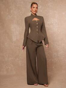 Lumalex 立领镂空腰部金属纽扣收腰直筒短裤，女士长袖套装 - 棕色 - 查看 4