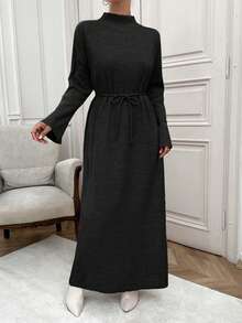 EURMUSE Solid Color Stand Collar Long Sleeve Casual Loose Fashion Ribbed Pattern Oversized Maxi Dress - Black - View 7