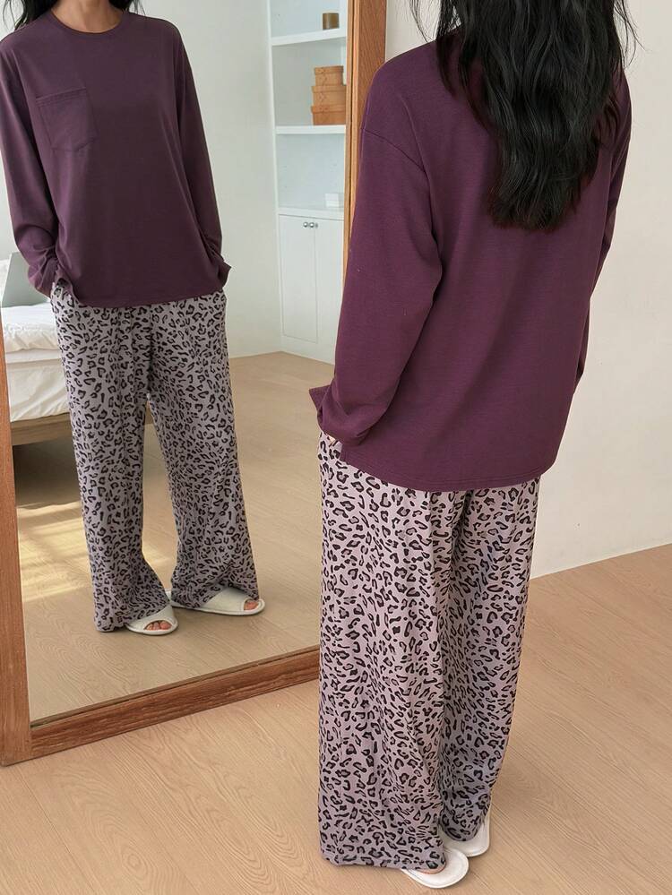Solid Color Loose Top & Leopard Print Pants Women Sleepwear Pajama Set, Winter Clothes