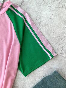 SHEIN Oversized T-Shirt With Contrast Color Ribbon Sleeves For Teen Girls, Casual, Street Style, College - Multicolor - View 5