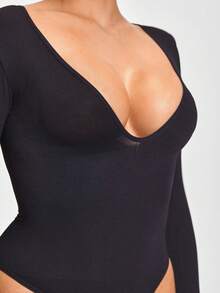 SHAPORA Women's Black Long Sleeve Backless Bodysuit With Plunge Deep V Neck Tummy Control And Natural Pewear