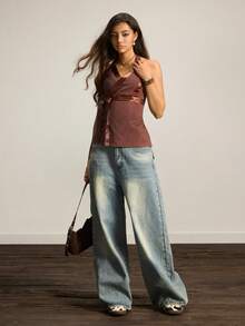 Easelle Women's Cross-Strap Backless Camisole Top For Commuting, Brown, Autumn/Winter Inner Layer, Retro Holiday Style. - Coffee Brown - View 8