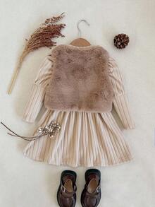 SHEIN 2pcs Baby Girls Dress + Plush Vest Cute Elegant Set, High Collar Long Sleeve Ruched Ribbed Thermal Lined Lantern Sleeve Dress Paired With Warm Plush Vest Jacket, Retro Casual Versatile Korean Style With Bow Design, Suitable For Daily Outings, Birthday, Holiday Parties In Autumn/Winter Fall