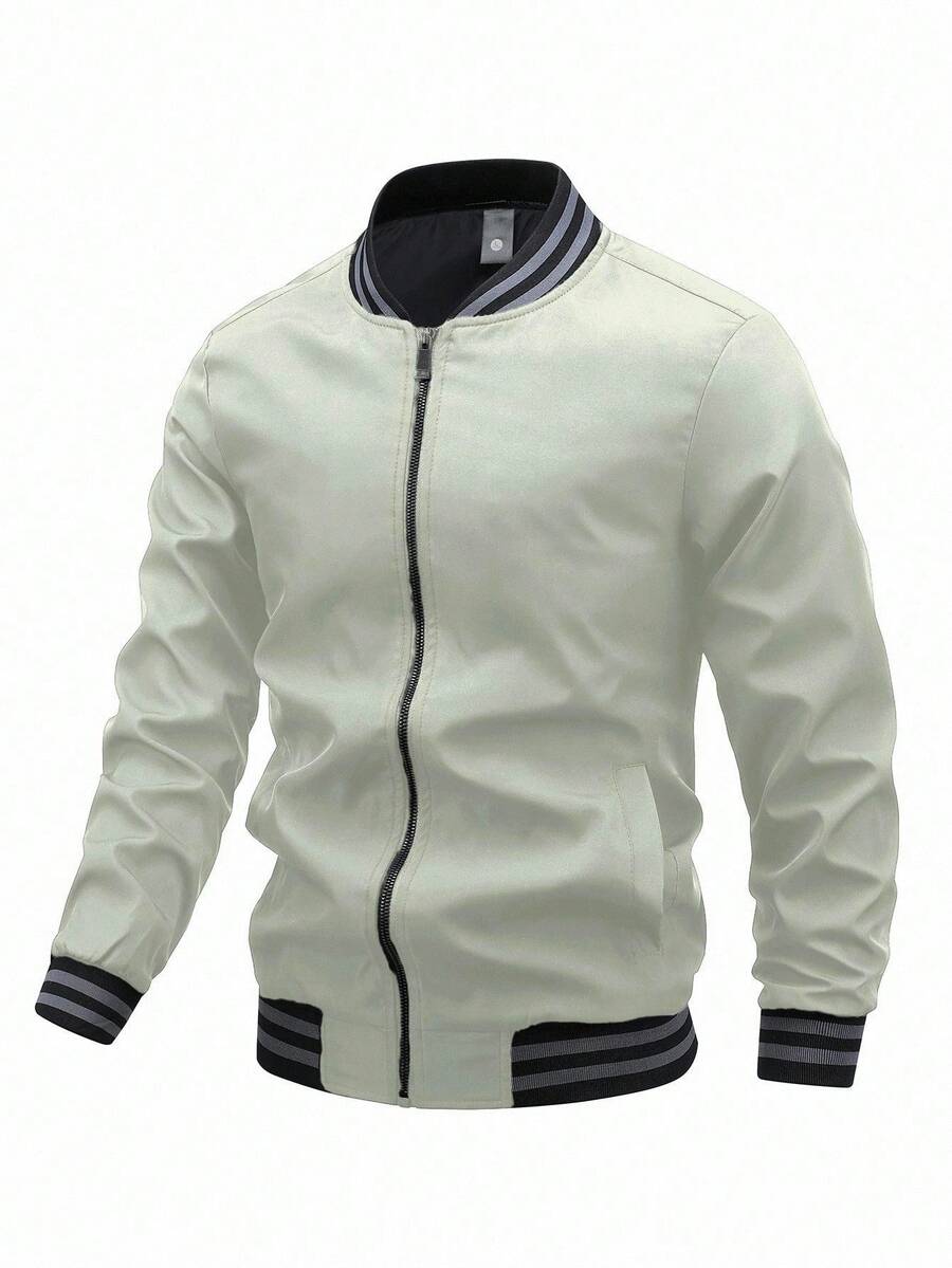 Manfinity Homme Chaqueta de manga larga con cremallera y ribete a rayas de corte holgado para hombre - Verde - Ver 1