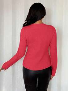 Rafferiza Women's Slim Fit Khaki Casual/Work Asymmetrical Metal Button V-Neck Long Sleeve Cardigan - Red - View 2