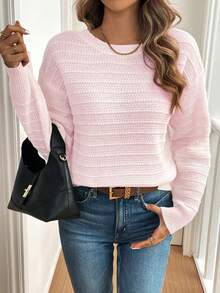 SHEIN LUNE Women's Solid Color Minimalist Bow Decor Long Sleeve Pullover Sweater - Pink - View 4