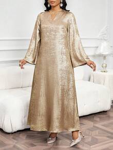 SHEIN Lady 女士优雅派对金属喇叭袖连衣裙 - 金色 - 查看 4