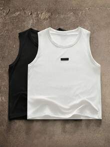 AXEPEAK Men's Casual Versatile Solid Color Tank Top With Embellished Patch - Black and White - View 10