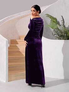 SHEIN Belle 女士时尚派对天鹅绒不对称露肩高开衩长袖连衣裙 - 紫色 - 查看 2